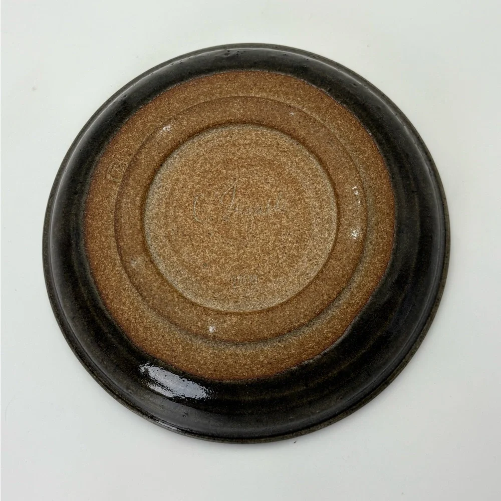 Signed Handcrafted Pottery  Plate with Dark Red Wheat Design on Gray-Green
